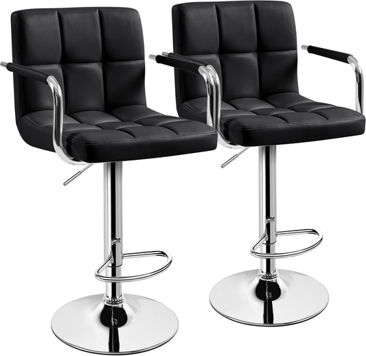 Yaheetech Bar Stools Set of 2, PU Leather Adjustable Swivel Barstools, Hydraulic Kitchen Counter Height Bar Chairs with Armrest and Back for Kitchen, Dining Room, Black
