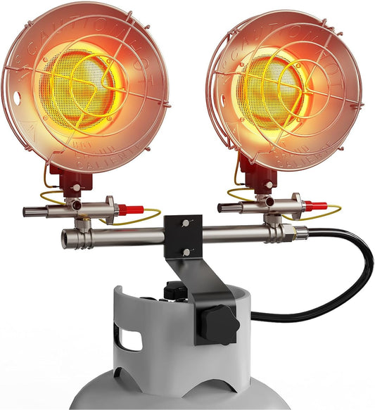 Buyplus Propane Heater 30,000BTU, Portable Outdoor Propane Heater with 3 Adjustable Modes & Safety Shut-off Valve, 30° Rotating Double Tank Top Tent Heaters for Camping, Fishing, Outdoor Use, Red