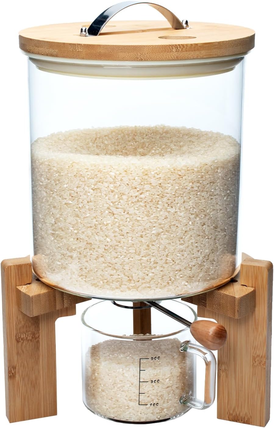 Flour and Cereal Container, 5L\/8L, Rice Dispenser, Creative Glass Food Storge Container for Kitchen Organization and Pantry Store, Airtight Lid and Wooden Stand 5L