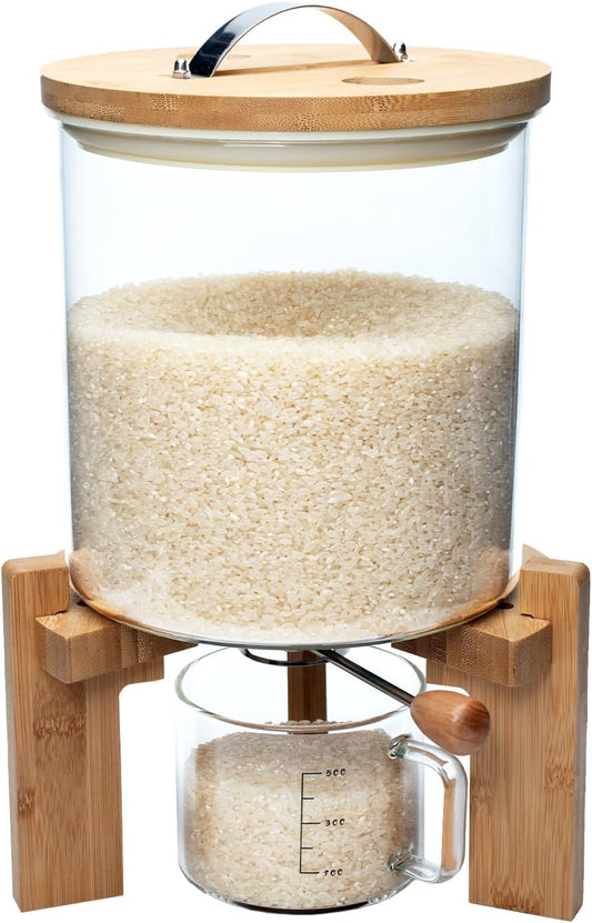 Flour and Cereal Container, 5L\/8L, Rice Dispenser, Creative Glass Food Storge Container for Kitchen Organization and Pantry Store, Airtight Lid and Wooden Stand 5L