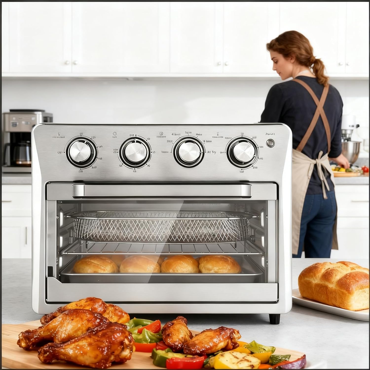 Compact Multifunction Air Fryer Toaster Oven Combo, 25l Large Capacity, Oil-free Healthy Fried, With Overheat Protectionadjustable Temperature & Time, Bake\/broil\/toast, For 4-6 Servings silver