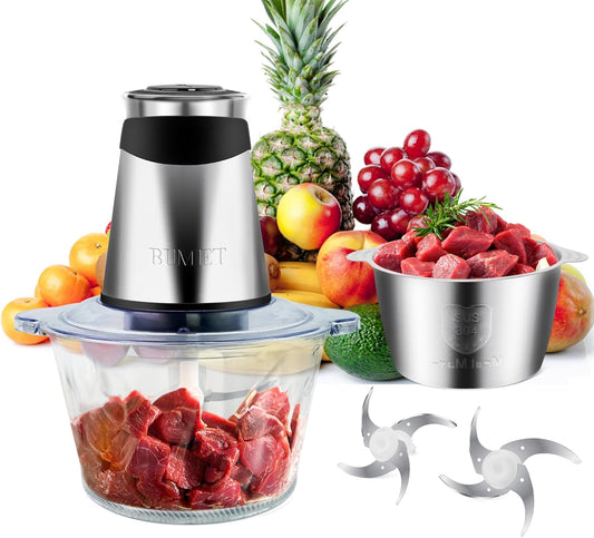 BUMET Electric food processor vegetable chopper 500W 2x8cup bowls 2 bi-layer 4 blades Small Food chopper Electric Meat grinder for home use,Mincing, and Puree for kitchen aid, baby foot, pet food