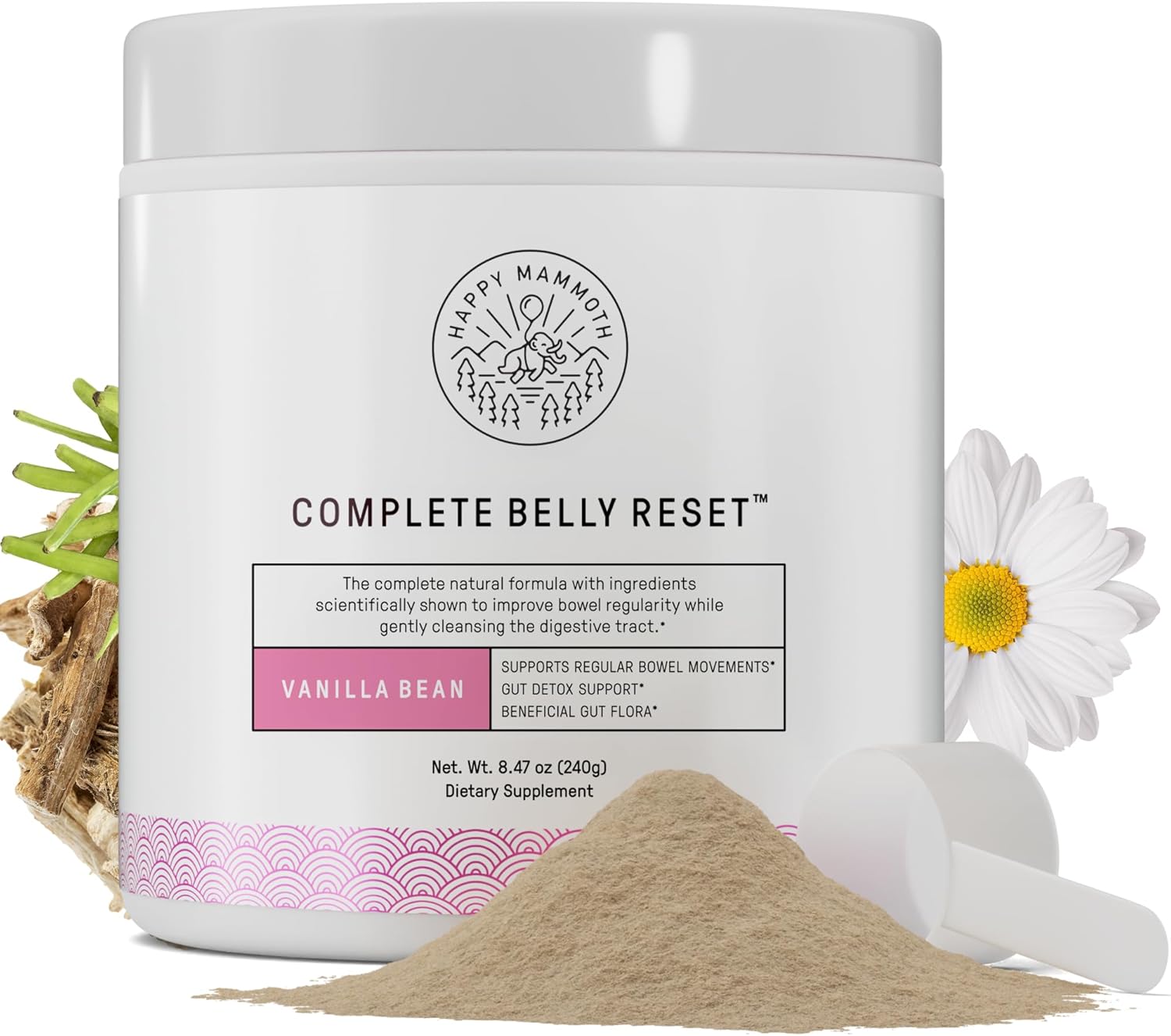 Happy Mammoth Complete Belly Reset Digestive Health Supplement Powder for Men & Women, Supports Gut Health, Reduces Bloating & Gas, Promotes Bowel Regularity, 24 Servings Vanilla Flavor