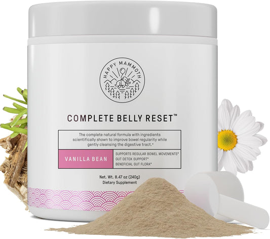 Happy Mammoth Complete Belly Reset Digestive Health Supplement Powder for Men & Women, Supports Gut Health, Reduces Bloating & Gas, Promotes Bowel Regularity, 24 Servings Vanilla Flavor