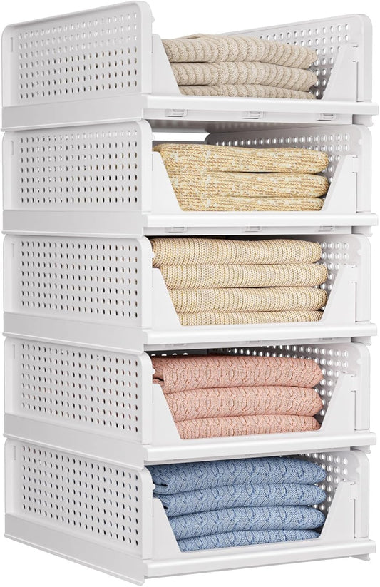 CTSNSLH 5 Pack Closet Organizers Storage Box, Closet Storage Stackable Storage Bins, Plastic Drawer Basket for Wardrobe Cupboard Kitchen Bathroom Office, White