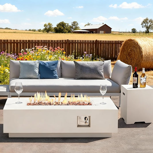 ECOTOUGE 2-Piece Propane Fire Pit Table, Outdoor Gas Fire Pit Set w\/Tank Cover,56'' Auto-Ignition Steel Fire Table, 50,000 BTU Rectangle Concrete Fire Pit w\/Weather-Resistant Pit Cover,White