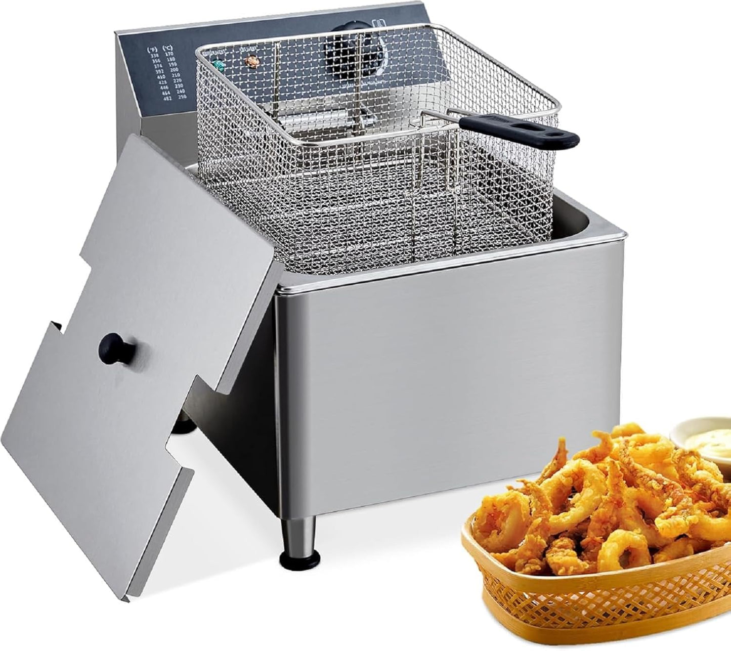 Commercial 11 L Deep Fryer 1700W,304 Stainless Steel Electric Fryer with Extra-Thick 6 LB Basket & Splash Guard Lid, Rapid Heating for Restaurant, Food Truck, Home Kitchen (110V)