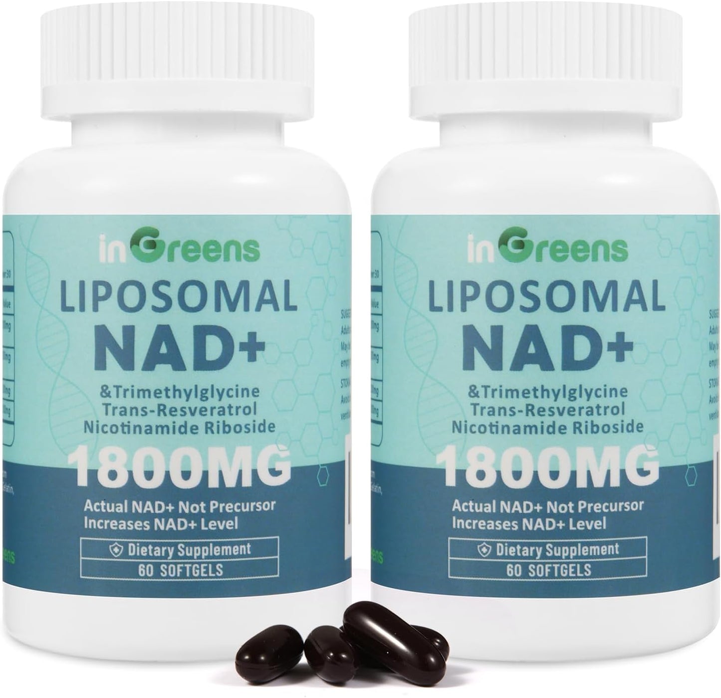inGreens Liposomal NAD+ Supplement 1800 mg with Nicotinamide Riboside, Trans Resveratrol, Trimethylglycine，Replaces NMN, Boost NAD+, Aging Defense，Cellular Energy, 120 Softgels