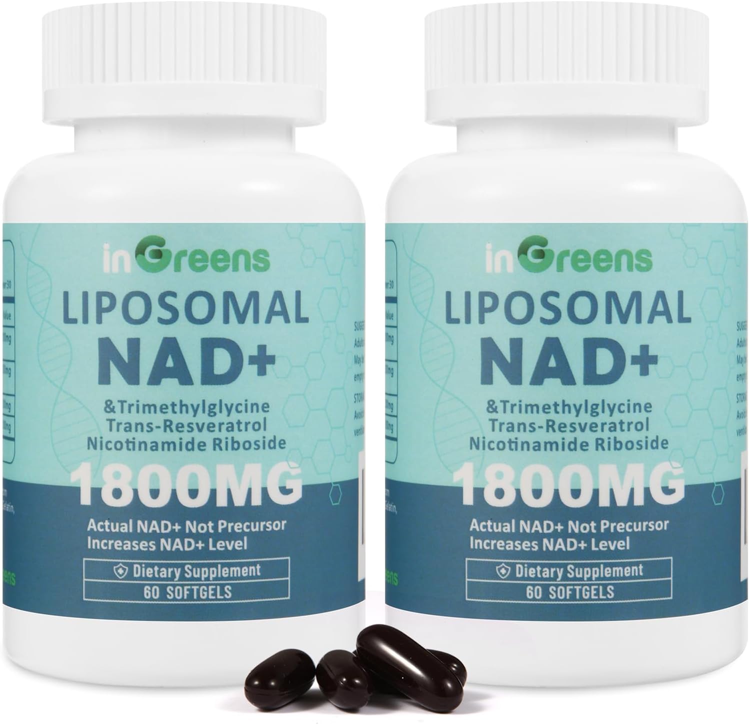 inGreens Liposomal NAD+ Supplement 1800 mg with Nicotinamide Riboside, Trans Resveratrol, Trimethylglycine，Replaces NMN, Boost NAD+, Aging Defense，Cellular Energy, 120 Softgels
