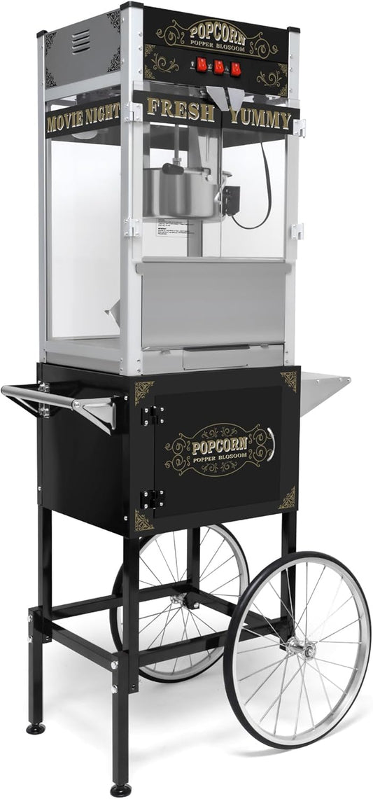 ZIEGIAN Commercial Vintage Popcorn Machine on Wheels (Black) - 20 Oz Kettle Popcorn Maker Cart, Makes 80 Cups for Movie Nights, Home Theater, Parties & Restaurants