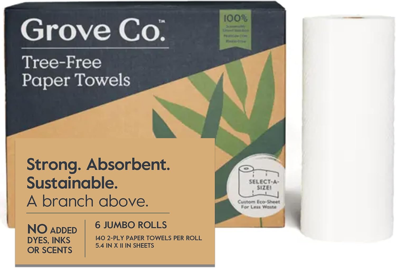 Grove Co. Bamboo Paper Towels, Tree Free & Sustainable Kitchen Paper Towels, Strong & Absorbent with Custom Select Sheets for Less Waste, Zero Plastic Waste. 140 x 2-ply Sheets per Roll, 6 Pack Rolls