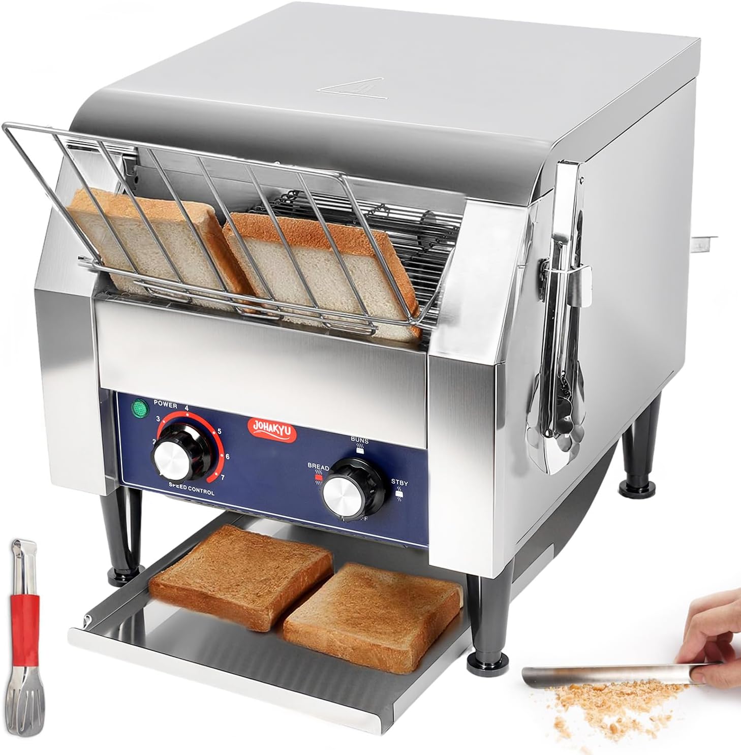 JOHAKYU Commercial Conveyor Toaster - 300 Slices\/Hour, Heavy Duty Stainless Steel for Buns Bagels Bread Restaurant Use\/Includes Cleaning Accessories