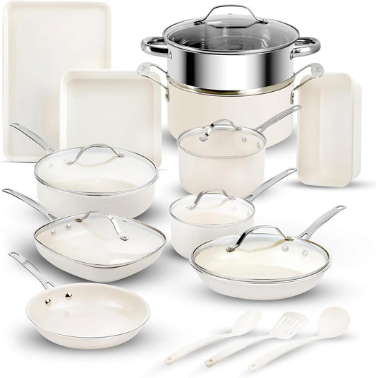 GOTHAM STEEL 20 Pc Ceramic Cookware Set Nonstick, Ceramic Pots and Pans Set Non Stick for Kitchen with Bakeware, Cooking Utensils & Steamer, Non Toxic PFOA PFOS Free, Oven & Dishwasher Safe