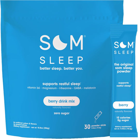 Som Sleep, Calm Sleep Powder Drink Mix, 3mg Melatonin, Magnesium, Vitamin B6, L-Theanine & GABA \u2013 Vegan, Keto Friendly \u2013 Zero Sugar Berry, 30-Pack