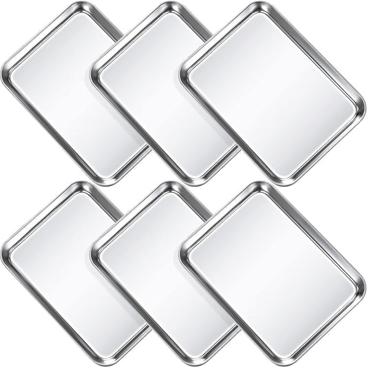 Potchen 6 Pcs Baking Sheet Pan Set 9 x 6.7 x 1 inches Cookie Sheet Small Toaster Oven Pans Stainless Steel Tray Barbecue Grill Pan Rectangle Trays Oven, Non-stick, Easy Clean