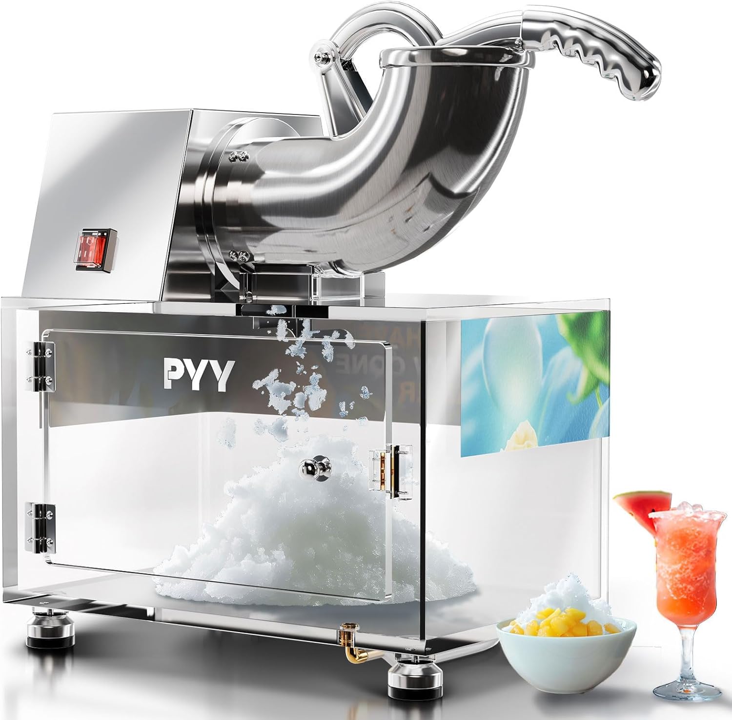 PYY Snow Cone Machine - Commercial Ice Crusher Shaver, Electric Crushed Shaved Snowcone Maker, 440LBS/H 1400RPM All-Copper Motor, Stainless Steel Full Body, Dual Blades, Acrylic Box and Drain Pipe