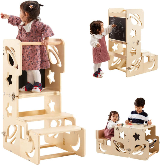 Toddler Tower, Toddler Stool for Kitchen, Kids Learning Wooden Tower, Foldable Weaning Table with Kids Step Stool, Montessori Standing Tower for Bathroom and Kitchen Counter