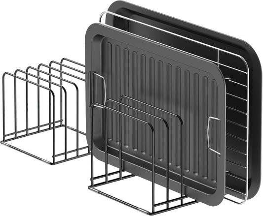 KORRTFID Kitchen Cabinet Organizer, Steel Cookware Holder, Divided Holder with 5 Slots for Skillets Baking Tray and Chopping Board Rack - Baking Pan Holder Storage (2 PCS)