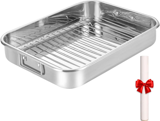 Stainless Steel Roasting Oven Pan: Roaster Pans With Rack & Handles 16.2 * 12.2 * 3 inches - Kitchen Baking Appliances for Turkey Chicken Beef - Kitchen Cookware Gifts for Women Homeowner