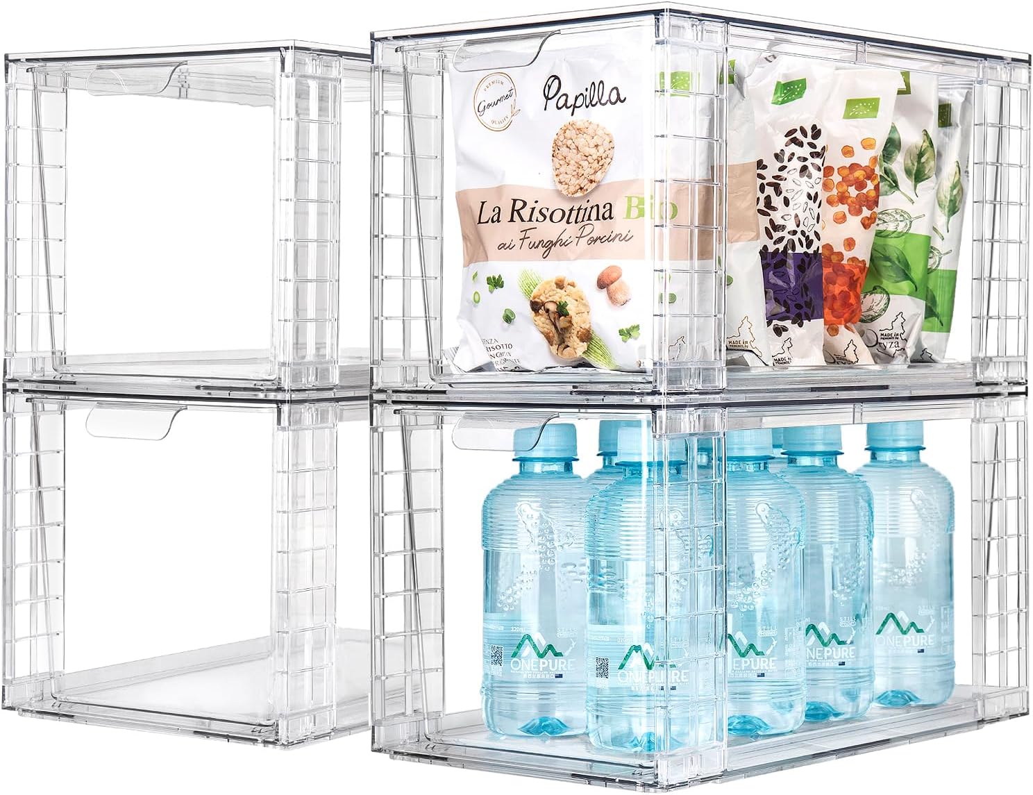 Zero Zoo 4Pack Large Stackable Kitchen Storage Drawers, Clear Foods Organizer Bins with Handles, Easily Assemble for Bathroom, Kitchen, Pantry, Cabinet, Closet(XL-UP Handle)