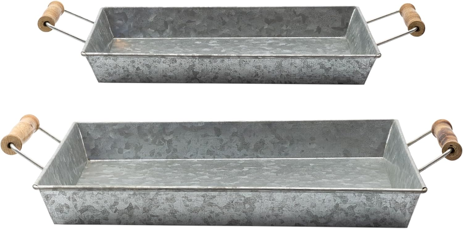 AuldHome Design Galvanized Farmhouse Trays (Set of 2, Small & Medium); Farmhouse Decor Rectangular Trays w/Handles