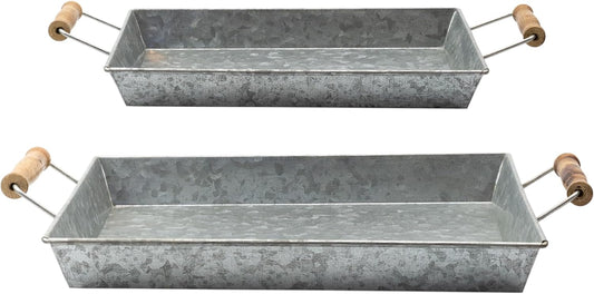 AuldHome Design Galvanized Farmhouse Trays (Set of 2, Small & Medium); Farmhouse Decor Rectangular Trays w/Handles