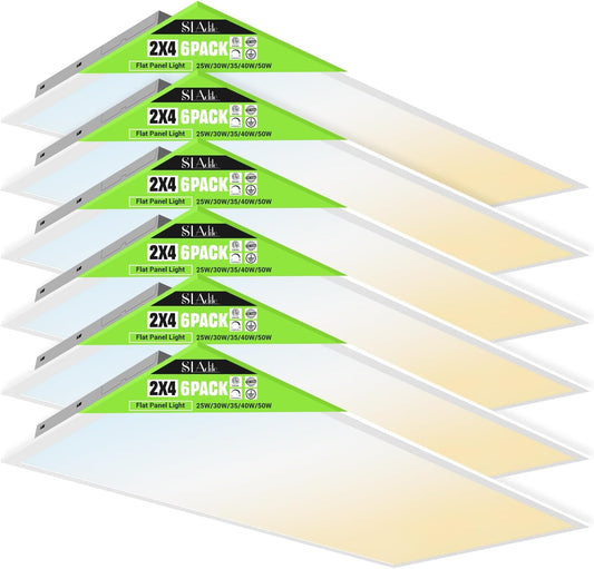 SLAclite 6 Pack 2x4 LED Flat Panel Light 50\/40\/35\/30\/25W 6500lm Adjustable, 0-10V Dimmable LED Flush Mount Ceiling Light Fixtures, 2.7K\/3K\/3.5K\/4K\/5K Selectable for Office Kitchen Garage - ETL Listed