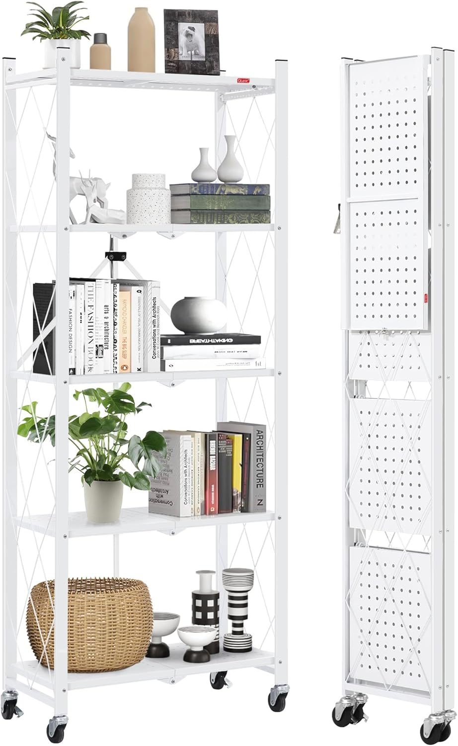 DEANIC 5-Shelf Folding Bookcase with Wheels, Rolling Bookshelf Heavy Duty Storage Shelves, Freestanding Metal Wire Shelving Unit for Living Room, Office, Kitchen, Basement, Pantry (White)