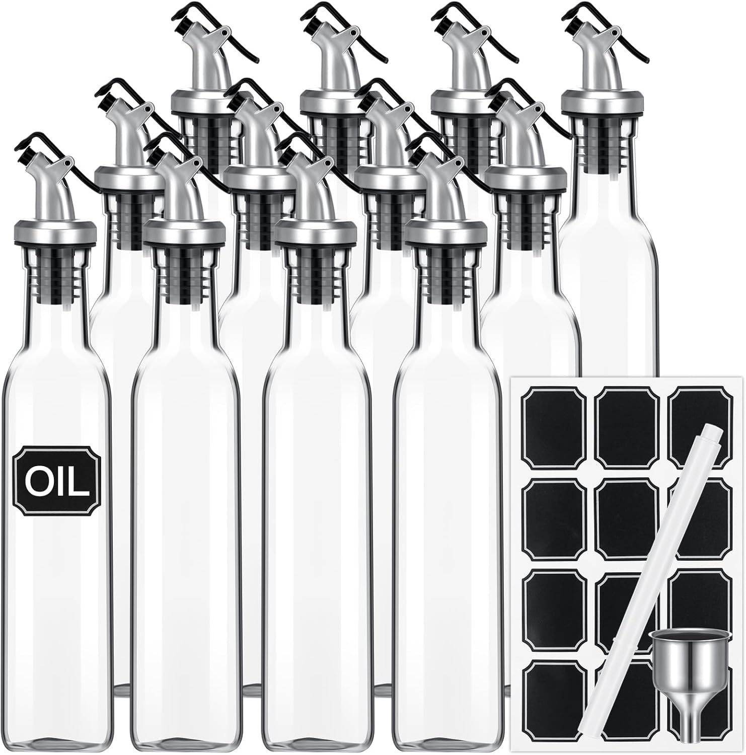 Hushee 15 Pcs Clear Glass Olive Oil Dispenser Bottles Sets Include 8oz Glass Bottle with Spout Oil Vinegar Cruet Container for Kitchen Stainless Steel Funnel Black Labels with White Pen