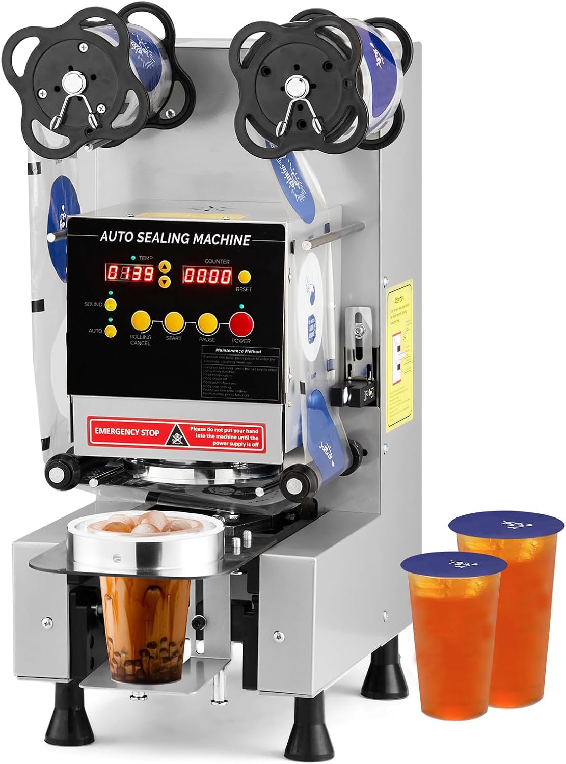 OlymStore Cup Sealing Machine Full Automatic, Electric Bubble Tea Machine, Cup Sealer Machine 500-650 Cups\/H with Digital Control LCD Panel for Bubble Milk Tea Coffee, 88\/89\/90\/95mm, Silver