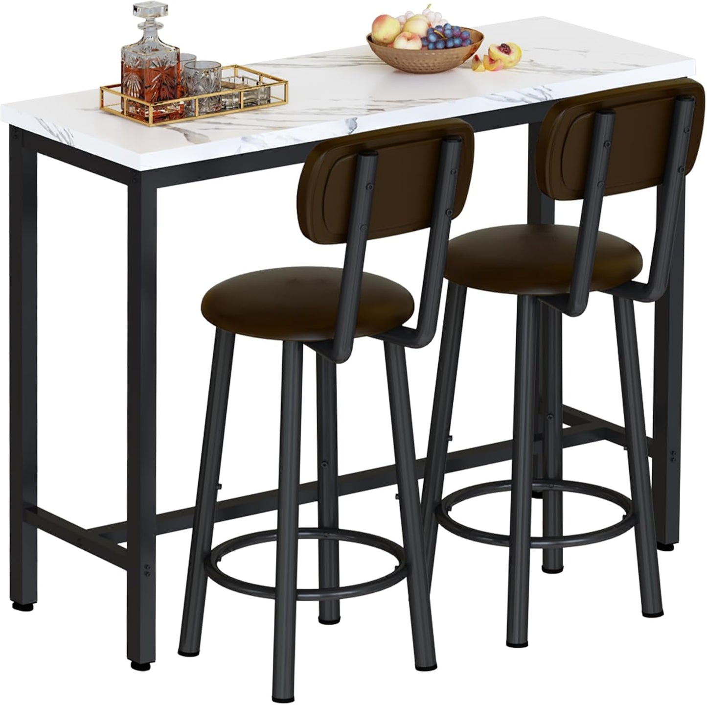 AWQM 3 Piece Bar Table Set of 2,39.3" Pub Bar Table and Chairs Set,Faux Marble Bar Height Table with 2 Backrest Stools,Small Dining Table for 2,Kitchen Table Set for Small Space,White & Brown