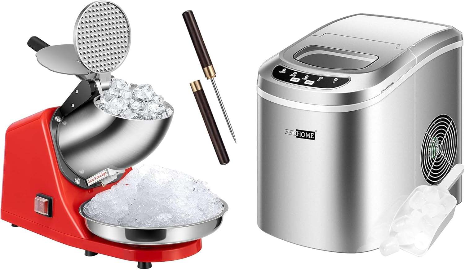 VIVOHOME Electric Ice Crusher Shaver Snow Cone Maker Machine Red 143lbs/hr and Portable Countertop Automatic Ice Cube Maker Machine with Hand Scoop 26lbs/Day Silver