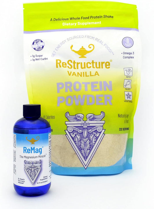 RnA ReSet Performance Bundle \u2013 ReMag Liquid Magnesium 8.1oz & ReStructure Vanilla Whey Protein 594g, Muscle Recovery & Fitness Support (2 Formulas)