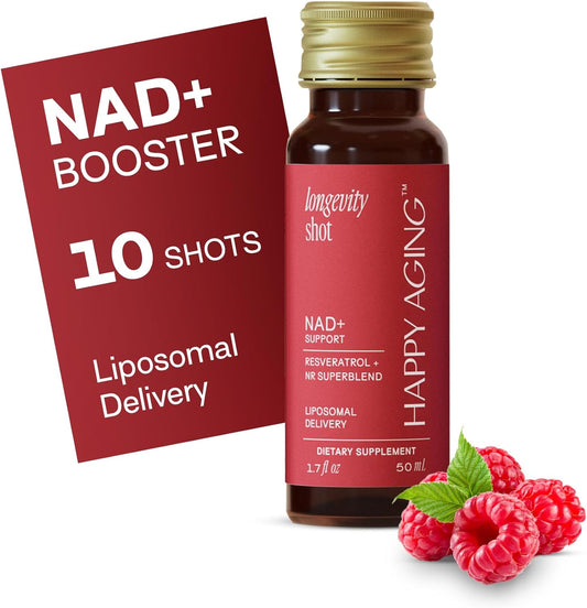 Happy Aging Liquid NAD+ | NMN Alternative | 10x More Absorption | Liposomal Nicotinamide Riboside and Resveratrol with Antioxidants | Twice-a-Week | Firm Skin & Brain Health| 10 Shots