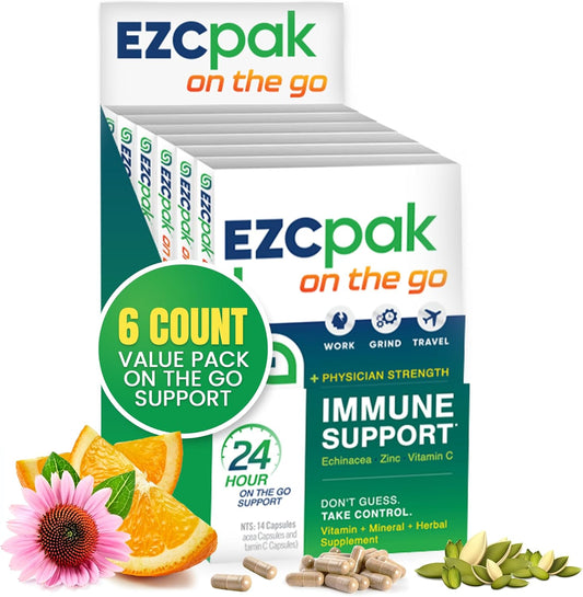 EZC Pak On The Go Immune System Booster with Echinacea, Vitamin C, Zinc, Immune Support Supplement, Immunity Vitamins for Adults, Travel-Friendly Packaging, Vegetarian, Gluten-Free - Pack of 6