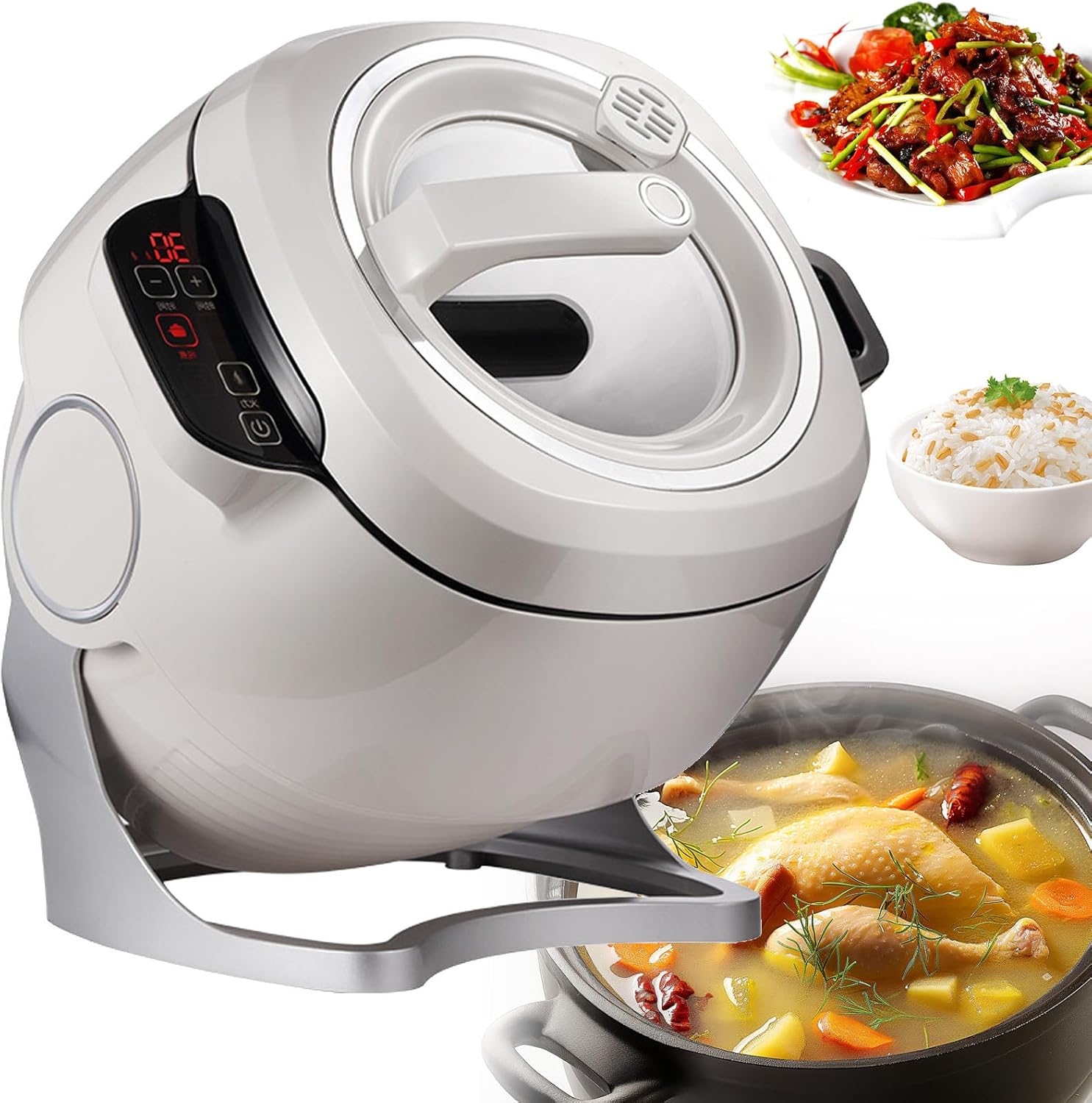 Automatic Cooking Machine 360 Rotatable Stir Fry Machine 110V, 1000W 6L auto Cooking Wok Fried Rice Machine, One-Click Smart Start, Three Speed Adjustable, for Stir Frying Stewing Cooking