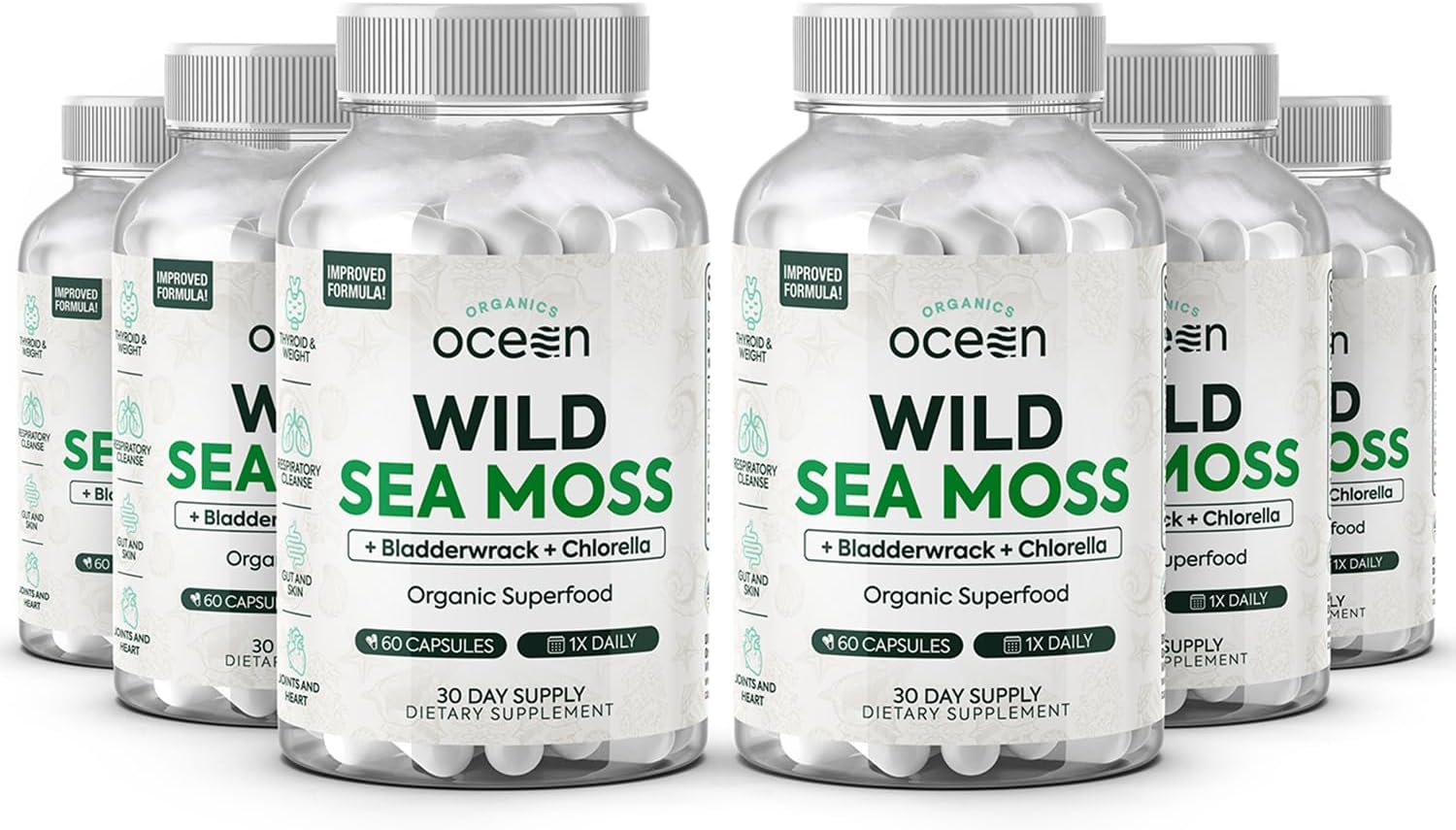 Organics Ocean Wild Sea Moss Capsules - 100% Organic Irish Sea Moss with Organic Chlorella, Bladderwrack and Vitamin D for Energy, Lung Health and Thyroid Support for Women and Men - 6 Bottles