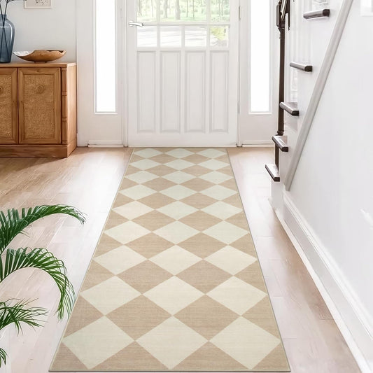 Beeiva Checkered Print Carpet Runners for Hallway 6ft, Beige Ultra Thin Washable Kitchen Runner Rug Non Slip, Moroccan Plaid Checkerboard Decor Faux Wool 2x6 Rug for Bedroom Bathroom Entryway