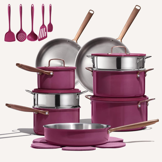 CAROTE 24pcs Tri-Ply Stainless Steel Cookware Set, Pots and Pans Set, Non Toxic Induction Kitchen Cooking Sets, Cookware Collection, Outer Ceramic Layer, Violet Purple