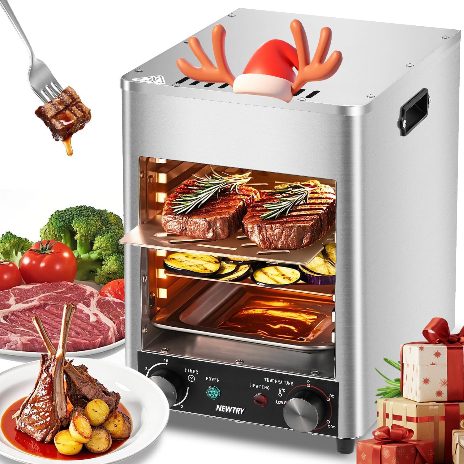 NEWTRY 1700W Electric Steak Broiler Indoor Steak Grill Automatic Steak Smoker Broiler Gas-Free Time Temperature Adjustable for Beef Chicken Vegetables 110V US