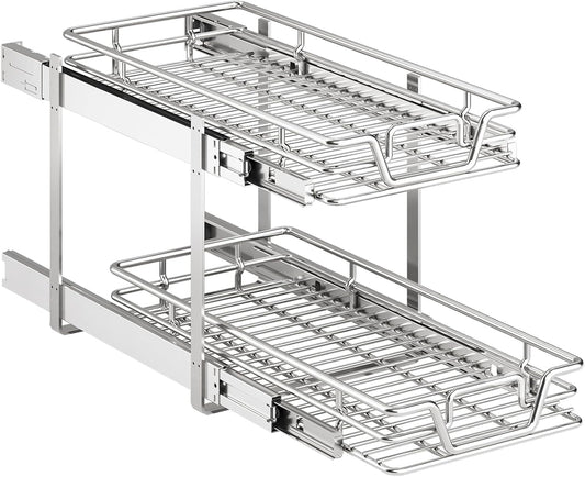 QUYUWU 2-Tier Kitchen Cabinet,Pull Out Cabinet Organizer,Shelf and Drawer Organizer Slide Out Pantry Storaqe Basket in Multiple Sizes (12" W x18 D)