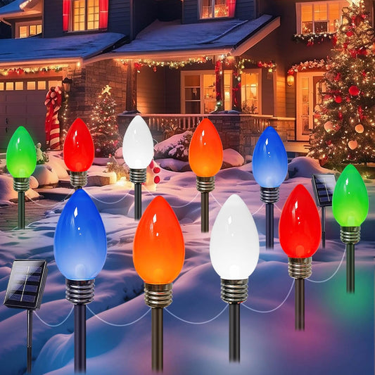 10 Pack Jumbo C9 Christmas Decorations Outdoor Waterproof, Solar Christmas Path Lights with Pathway Marker Stakes, Solar Powered Lights for Outside Yard Lawns Garden Xmas Holiday Decor (Multicolor)