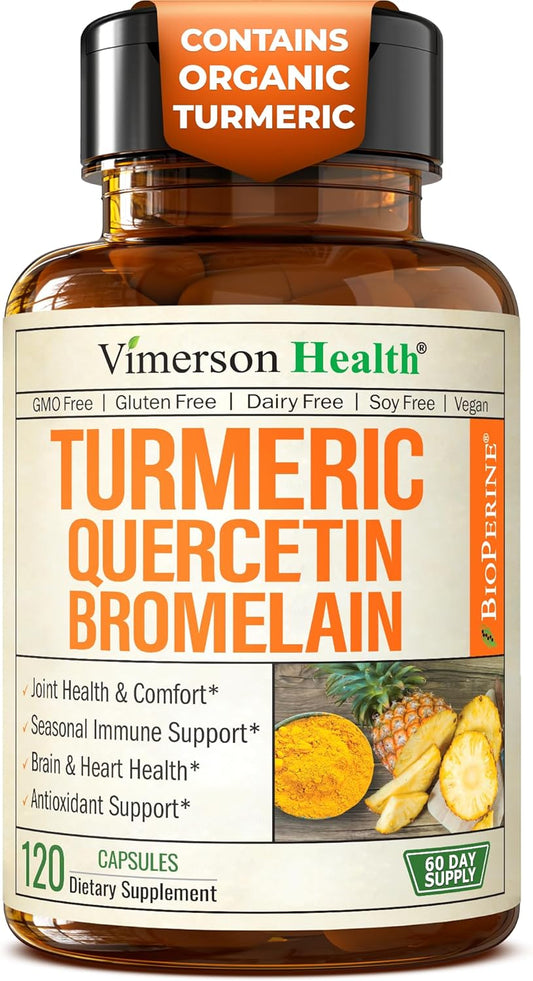 Quercetin with Bromelain Turmeric Curcumin Supplement \u2013 Allergy Relief, Joint & Immune Support \u2013 Organic Turmeric Supplement with Black Pepper (Bioperine) \u2013 120 Quercetin 500mg Capsules