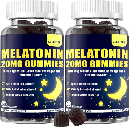 Ceecisee Melatonin 20mg Gummies for Adult: Sugar Free Melatonin Supplement Extra Strength with Ashwagandha L-Theanine Magnesium Turmeric Vitamin D3 B6 B12 - Non-Habit Forming for Women Men(120Count)