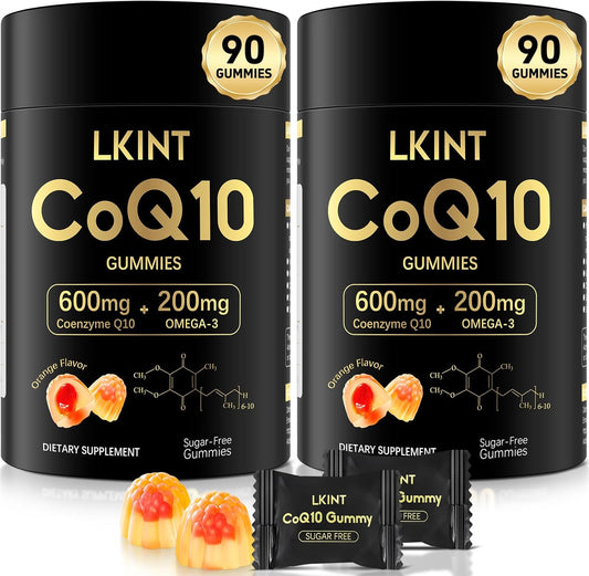 CoQ10 Gummies 600mg, Co Q 10 Supplement Sugar Free with Omega 3 & Vitamin E, Coenzyme Q10 High Absorption Gummies for Heart Heathy, Antioxidant & Energy Support, Orange Flavor (90 Count, Pack of 2)