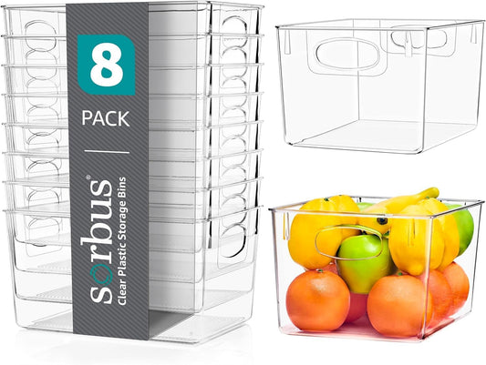 Sorbus Large Clear Plastic Storage Bins for Shelves, Clothes, with Handle - Clear Storage Bins, Drawer, Shelf, Closet, Pantry, Fridge, Freezer Organizer Bins, Closet Organizers and Storage (8 pack)