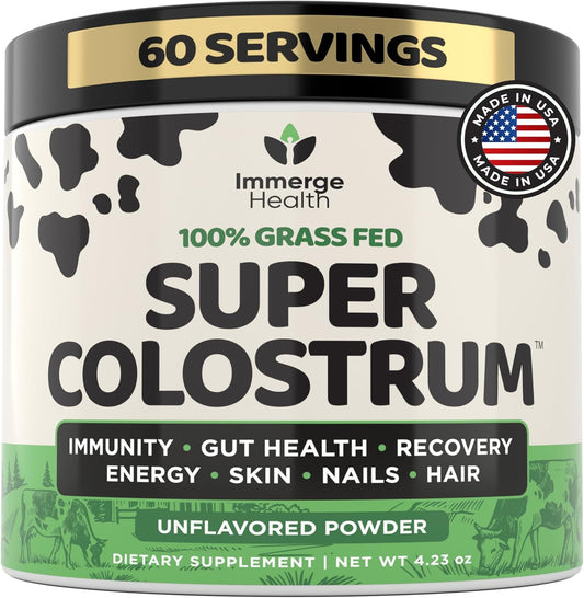 Super Colostrum Grass Fed Bovine Colostrum Powder for Bloating, Immune, Energy, Gut Health Hair, Skin and Nails Colostrum Supplement | 50% IgG Cow Colostrum for Humans | Superfood for Women and Men