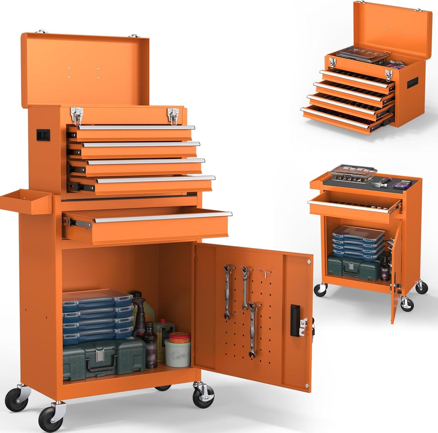 Cobinery 5-Drawers Tool Chest, 2-in-1 Rolling Tool Box with Wheels and Drawers, Detachable Storage Toolbox with Lock, Heavy-Duty Metal Tool Cart for Garage, Workshop (Orange)