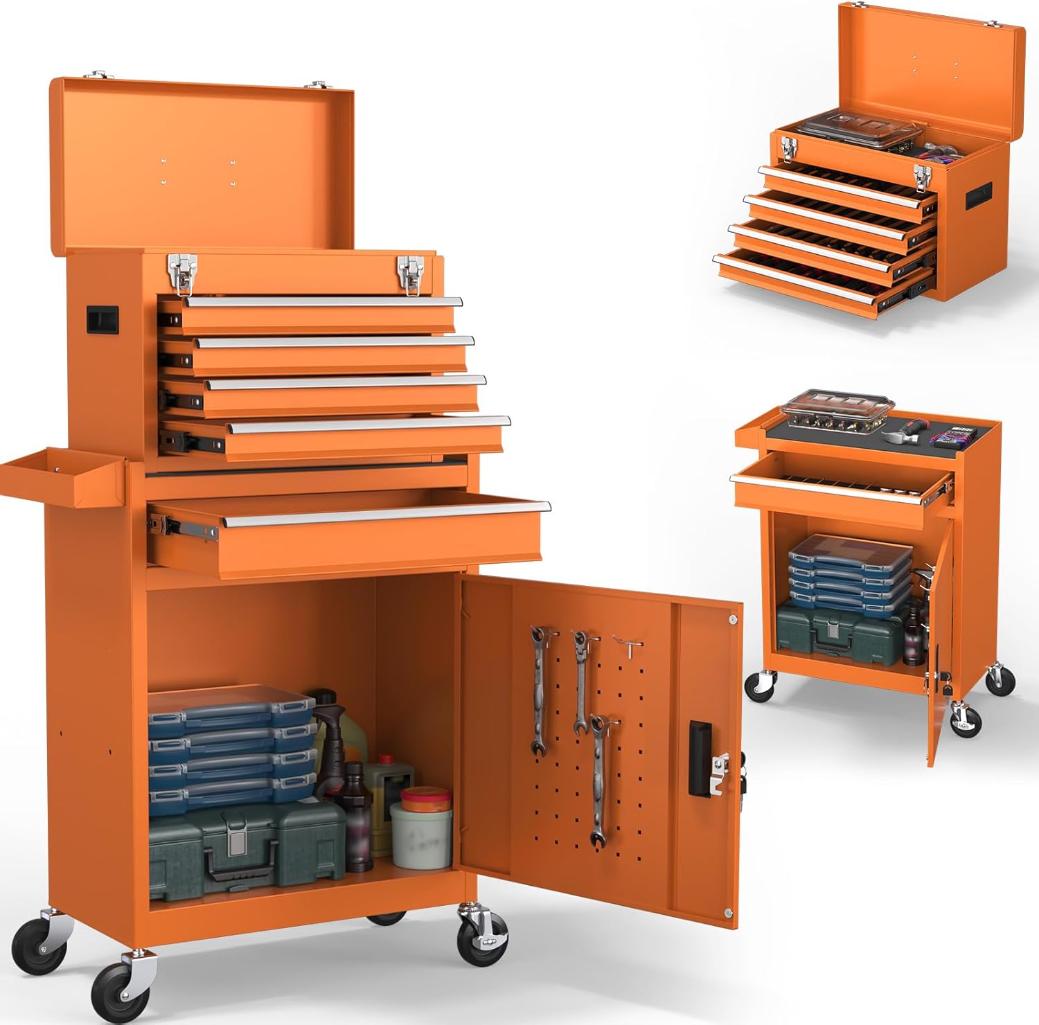 Cobinery 5-Drawers Tool Chest, 2-in-1 Rolling Tool Box with Wheels and Drawers, Detachable Storage Toolbox with Lock, Heavy-Duty Metal Tool Cart for Garage, Workshop (Orange)