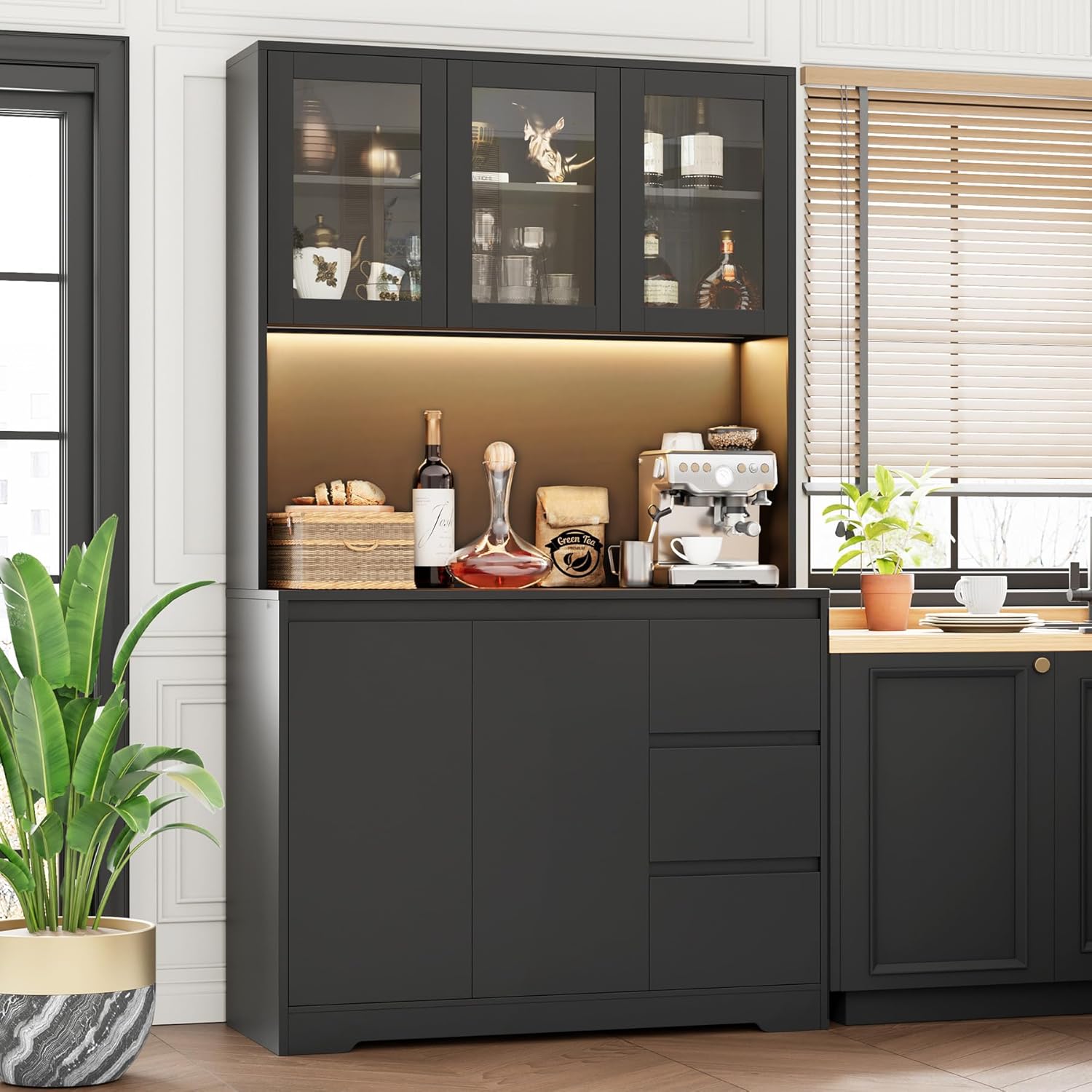 finetones 71" Kitchen Pantry Cabinet with LED Lights and Charging Station, Modern Kitchen Cabinets Hutch Cabinet with Storage and Microwave Stand, Pantry Cabinets Buffet Cabinet with Countertop, Black